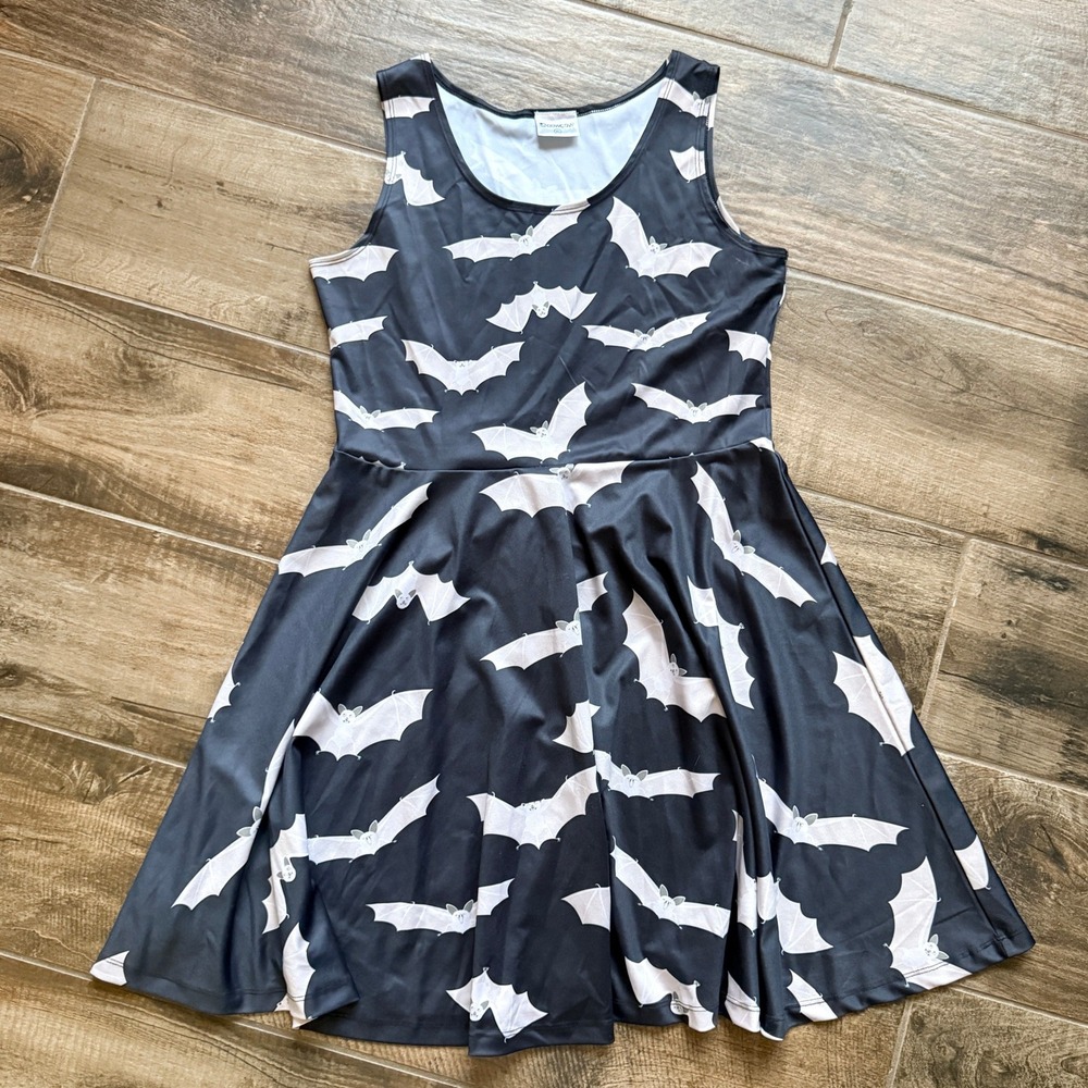CowCow Women Gothic Halloween Bat Print Skater Dress, Black, XL
